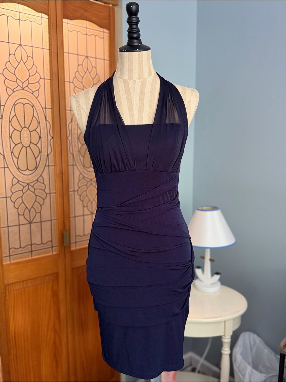 Valerie Bertinelli Navy Blue Ruched Halter Dress – Size 8 💙